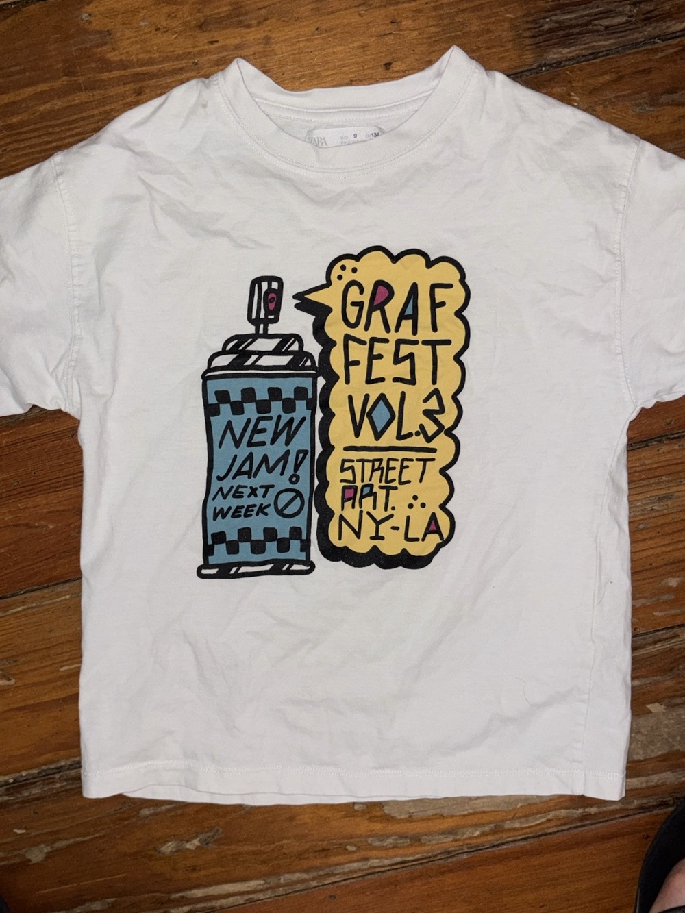 Zara White Kids Tee with Blue Spray Can and Yellow Graf Fest Print